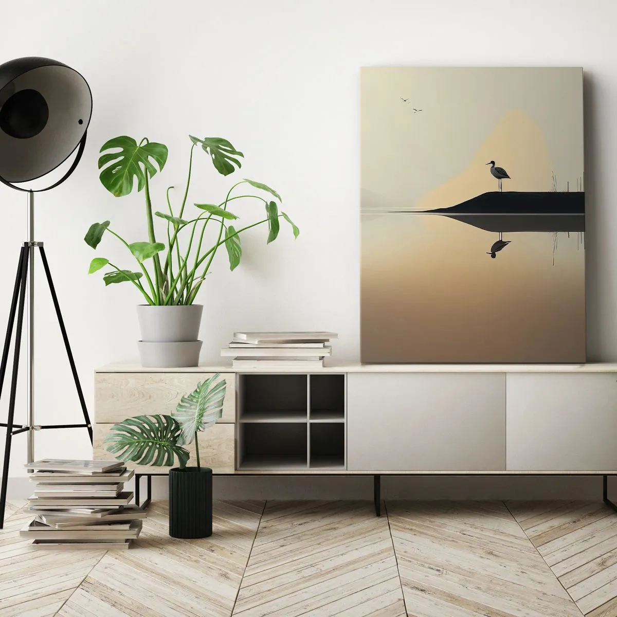 Obraz na płótnie - Czapla na wysepce odbijająca się w wodzie o zachodzie słońca - 50x70cm - Pan na jeziorze - Nowoczesna dekoracja ścienna do salonu, kuchni i sypialni ARTTOR