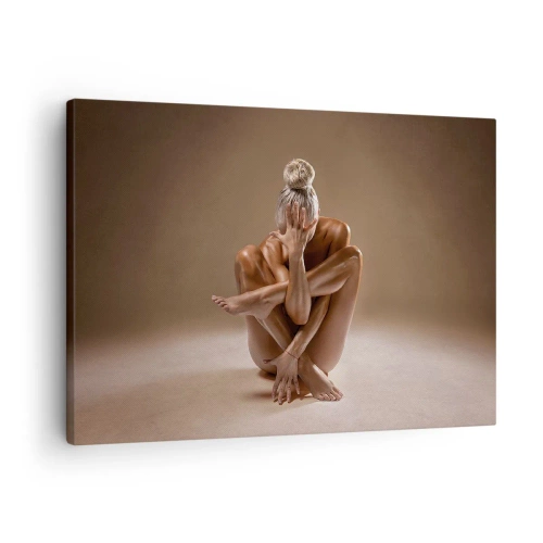 Obraz na płótnie - Artystyczna sylwetka kobiety na beżowym tle - 70x50cm - Jedność ciała i ducha - Nowoczesna dekoracja ścienna do salonu i sypialni ARTTOR