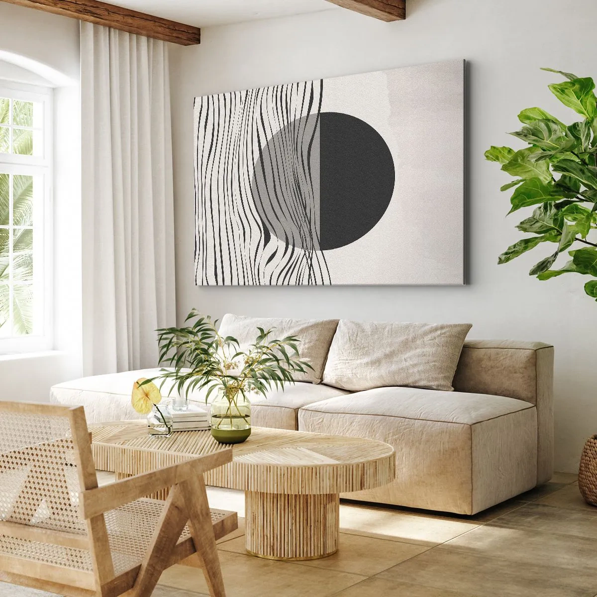 Obraz na płótnie - Abstrakcyjne linie i geometryczne kształty w stonowanych barwach - 70x50cm - Kompozycja połowiczna - Nowoczesna dekoracja ścienna do salonu i sypialni ARTTOR