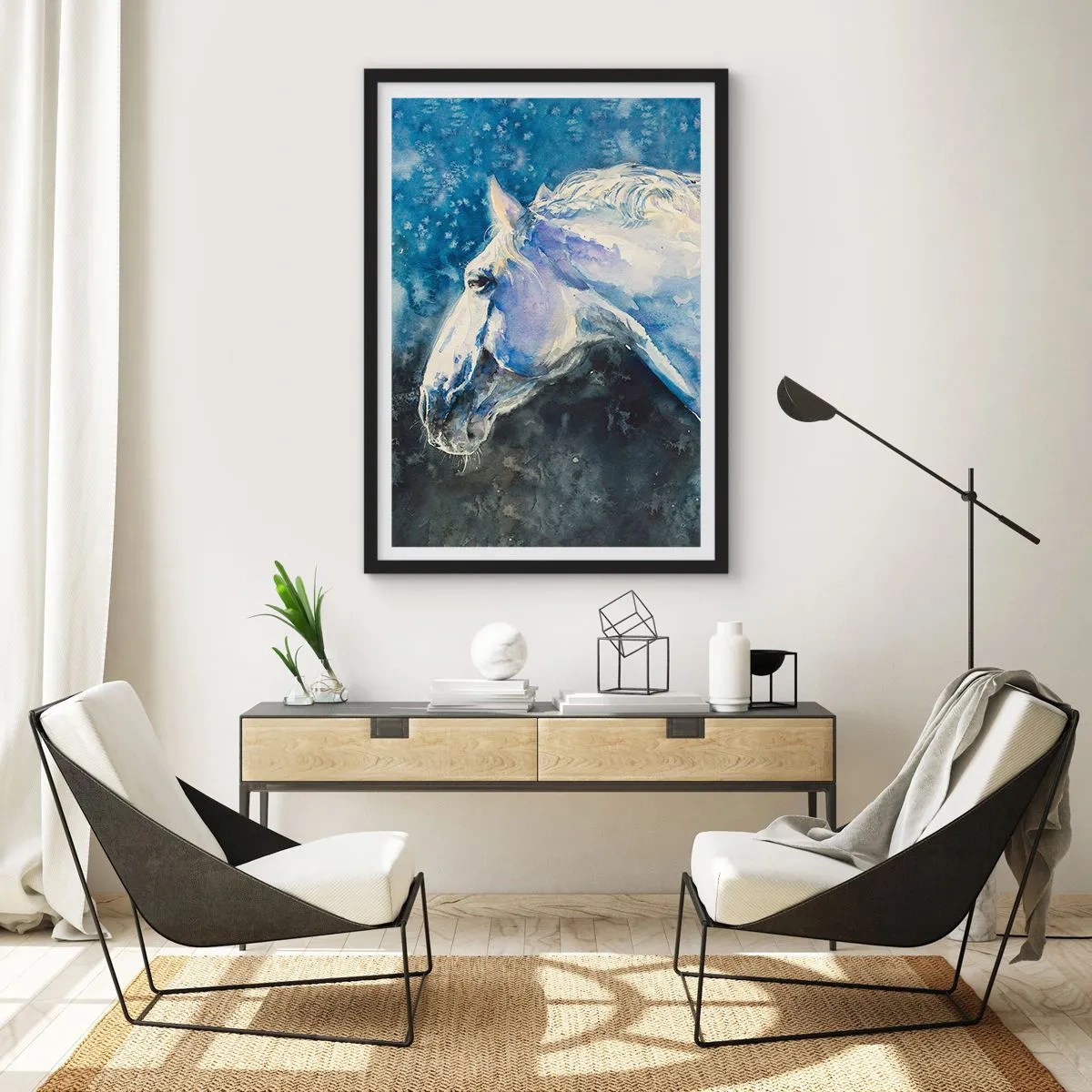 Plakat w czarnej ramie - Portret konia w błękitnej akwarelowej tonacji - 50x70cm - Portret w błękitnej poświacie - Nowoczesna dekoracja ścienna do salonu i sypialni ARTTOR