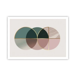 Plakat - Abstrakcyjna kompozycja geometrycznych kształtów i złotych linii - 100x70cm - Koło za kołem… - Nowoczesna dekoracja ścienna do salonu i sypialni ARTTOR