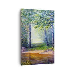Obraz na płótnie - Leśny strumyk otoczony brzozami i słońcem - 80x120cm - Sielankowa sceneria - Nowoczesna dekoracja ścienna do salonu i sypialni ARTTOR