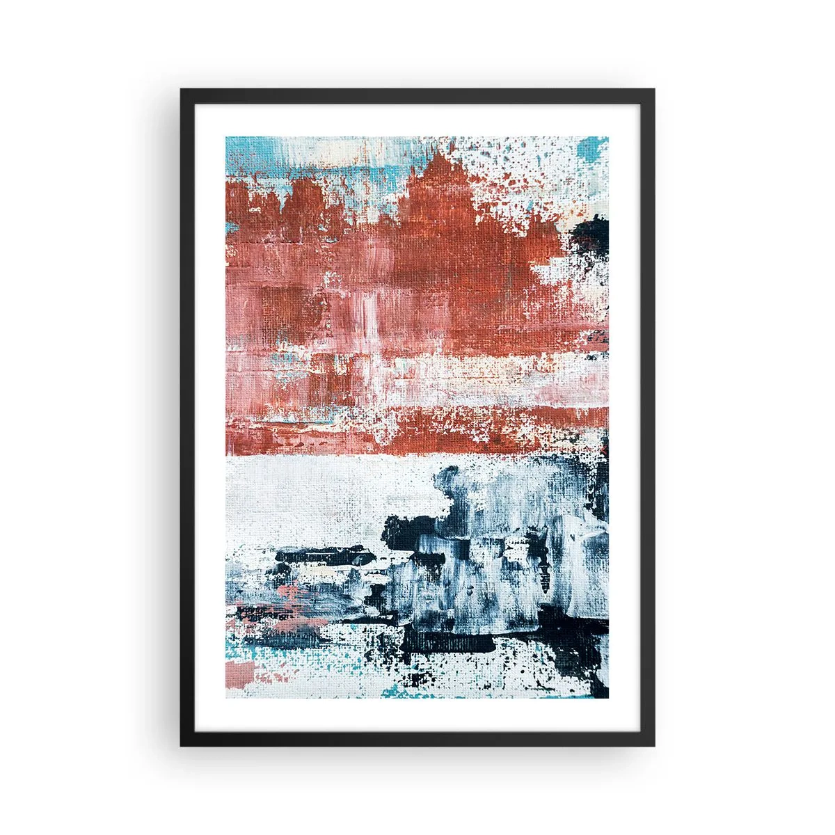 Plakat w czarnej ramie - Abstrakcyjna kompozycja w odcieniach czerwieni, bieli i niebieskiego - 50x70cm - Abstrakcyjne pół na pół - Nowoczesna dekoracja ścienna do salonu i sypialni ARTTOR