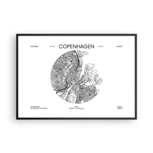 Plakat w czarnej ramie - Mapa Kopenhagi w minimalistycznym, czarno-białym stylu - 100x70cm - Anatomia Kopenhagi - Nowoczesna dekoracja ścienna do salonu i sypialni ARTTOR