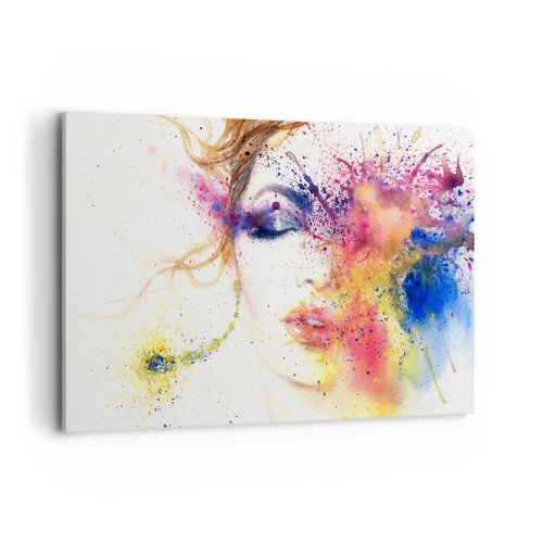 Obraz na płótnie - Artystyczny portret kobiety w akwarelowych barwach pełnych ekspresji - 120x80cm - Tęczowy zawrót głowy - Nowoczesna dekoracja ścienna do salonu, kuchni i sypialni ARTTOR