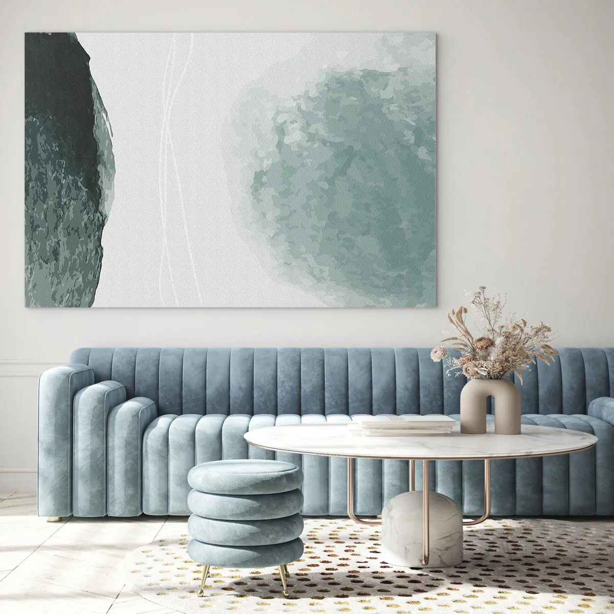 Obraz na szkle - Zielone abstrakcyjne kształty na jasnym tle przypominające mgłę - 120x80cm - Spotkanie z mgłą - Nowoczesna dekoracja ścienna do salonu, kuchni i sypialni ARTTOR