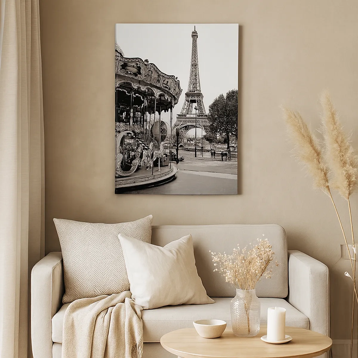 Obraz na płótnie - Karuzela w Paryżu na tle wieży Eiffla w czerni i bieli - 50x70cm - Jak zabawa, to tylko w Paryżu - Nowoczesna dekoracja ścienna do salonu, kuchni i sypialni ARTTOR