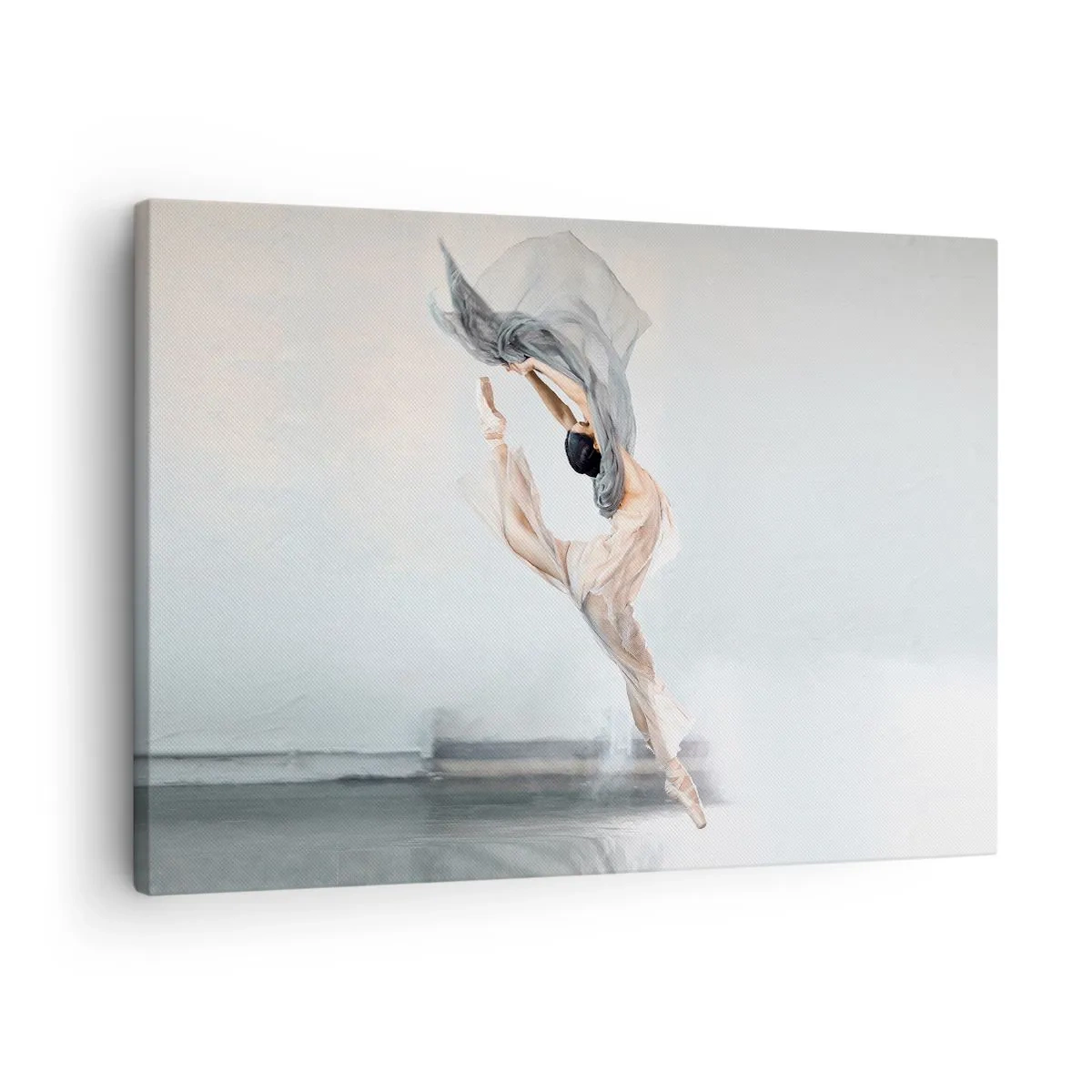 Obraz na płótnie - Tancerka w dynamicznym ruchu na jasnym tle - 70x50cm - W tanecznym uniesieniu - Nowoczesna dekoracja ścienna do salonu i sypialni ARTTOR