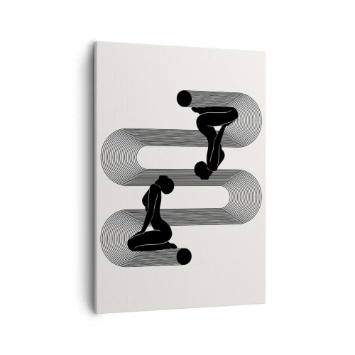 Obraz na płótnie - Czarno-biała abstrakcja z sylwetkami postaci i geometrycznymi liniami - 50x70cm - Zmysłowa symetria - Nowoczesna dekoracja ścienna do salonu, kuchni i sypialni ARTTOR