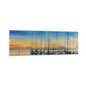 Obraz na szkle - Port jachtowy o zachodzie słońca z odbiciami na wodzie - 160x50cm - Koniec dobrego dnia - Nowoczesna dekoracja ścienna do salonu i sypialni ARTTOR