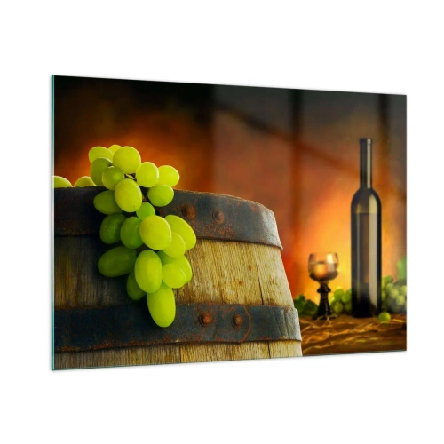 Obraz na szkle - Winogrona na beczce w rustykalnym otoczeniu z winem w tle - 100x70cm - Martwa natura z butelką wina i kiścią winogron - Nowoczesna dekoracja ścienna do salonu, kuchni i sypialni ARTTOR
