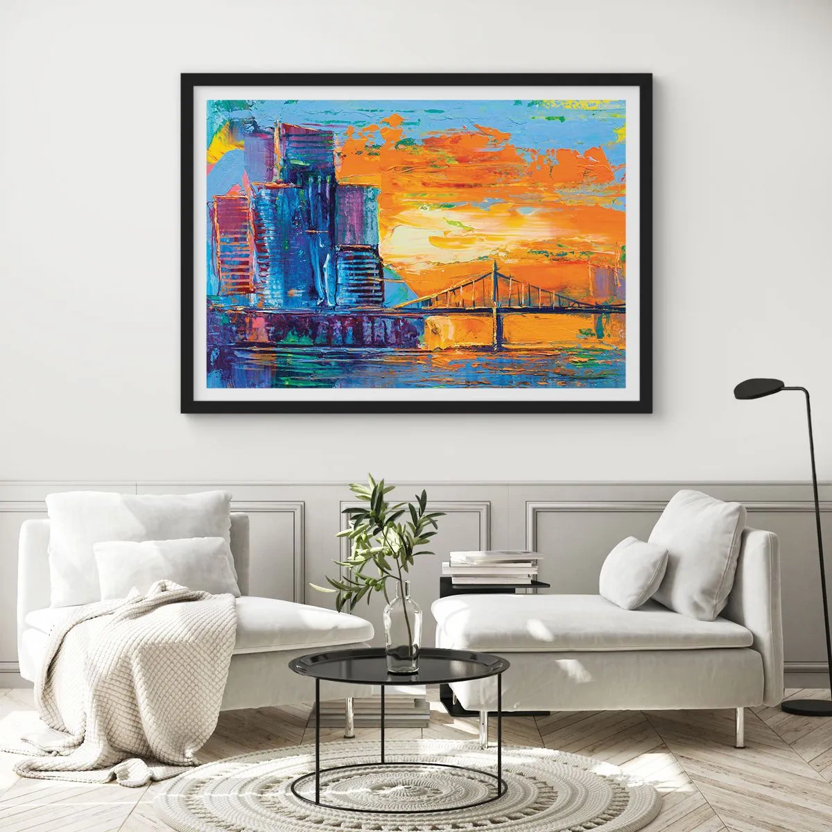 Plakat w czarnej ramie - Kolorowe miasto z mostem w zachodzącym słońcu - 70x50cm - Kultura i natura - Nowoczesna dekoracja ścienna do salonu i sypialni ARTTOR