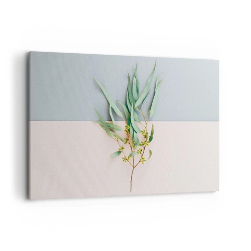 Obraz na płótnie - Gałązka z liśćmi na tle pastelowych odcieni - 120x80cm - Pastelowa subtelność - Nowoczesna dekoracja ścienna do salonu, kuchni i sypialni ARTTOR