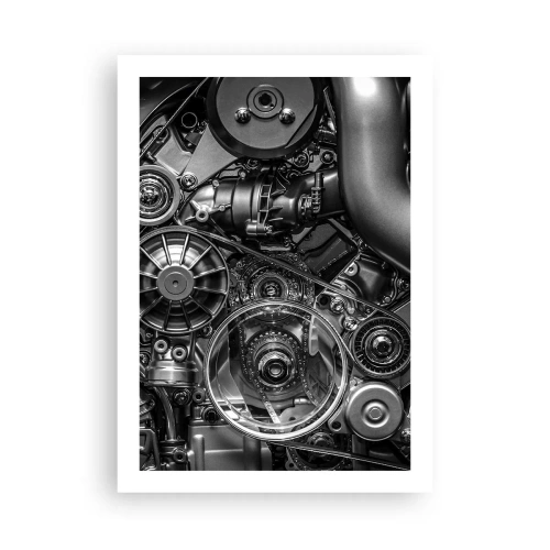 Plakat - Detaliczne zbliżenie na mechaniczne elementy silnika w czerni i bieli - 50x70cm - Poezja mechaniki - Nowoczesna dekoracja ścienna do salonu, kuchni i sypialni ARTTOR
