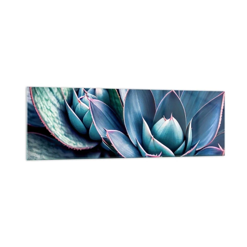 Obraz na szkle - Agawa w odcieniach niebieskiego i zielonego z różowymi akcentami - 160x50cm - Witalna siła - Nowoczesna dekoracja ścienna do salonu i sypialni ARTTOR