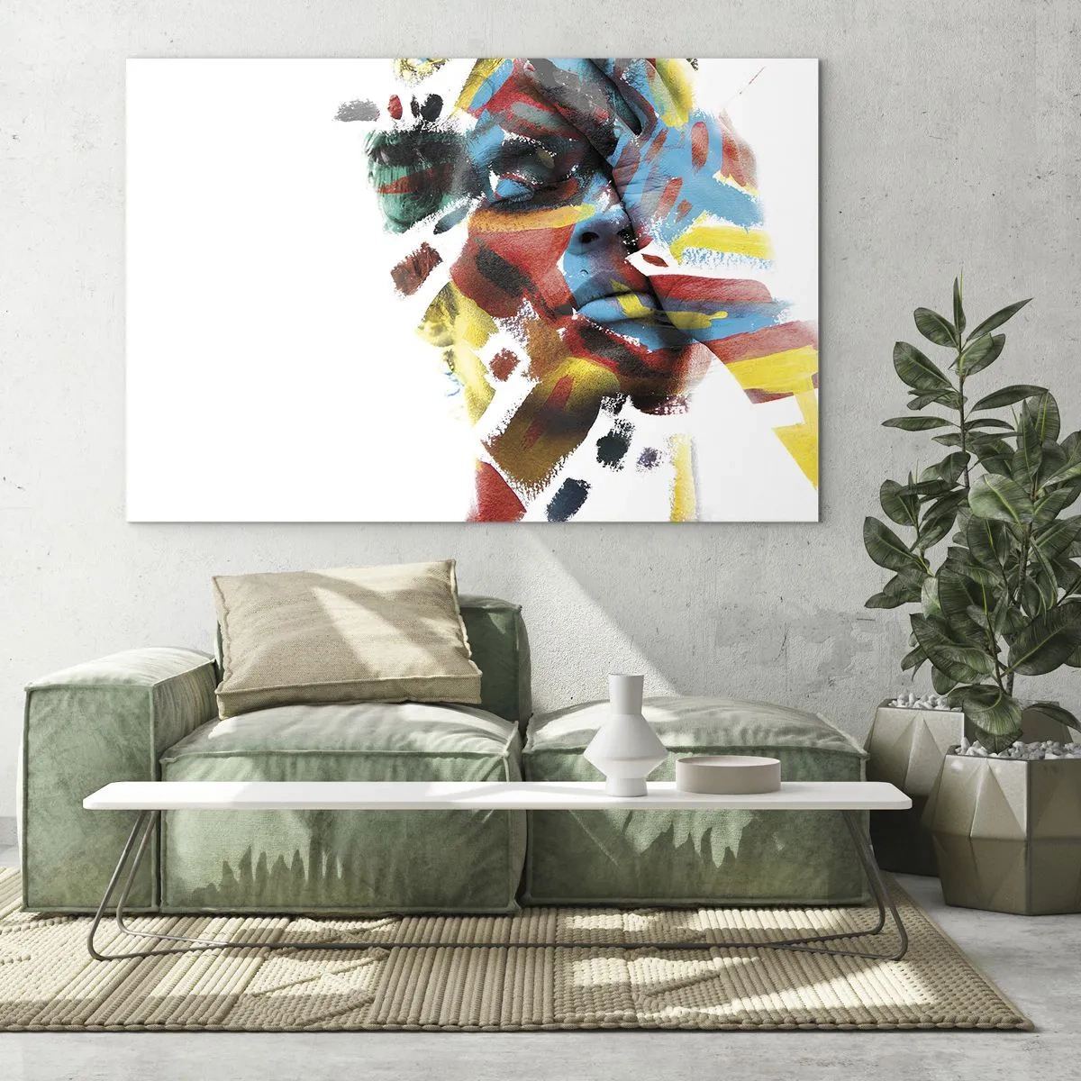 Obraz na szkle - Portret z abstrakcyjnymi, kolorowymi akcentami na twarzy - 120x80cm - Barwna osobowość - Nowoczesna dekoracja ścienna do salonu, kuchni i sypialni ARTTOR