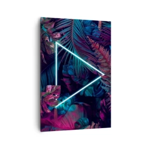 Obraz na płótnie - Neonowy trójkąt w otoczeniu tropikalnych liści w ciemnych barwach - 70x100cm - Ogród w stylu disco - Nowoczesna dekoracja ścienna do salonu i sypialni ARTTOR
