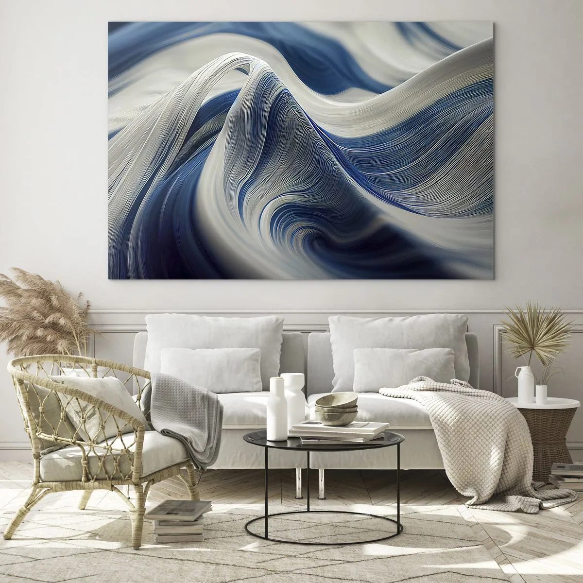 Obraz na szkle - Dynamiczna abstrakcja w odcieniach błękitu i bieli - 70x50cm - Płynność błękitu i bieli - Nowoczesna dekoracja ścienna do salonu i sypialni ARTTOR