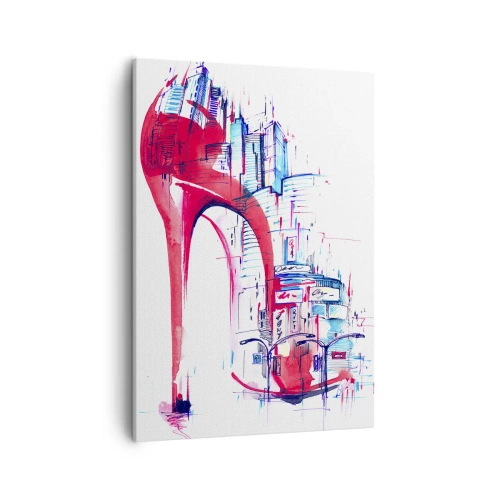 Obraz na płótnie - Akwarelowy obraz czerwonej szpilki wkomponowanej w nowoczesny miejski pejzaż - 50x70cm - Wielkomiejska elegantka - Nowoczesna dekoracja ścienna do salonu, kuchni i sypialni ARTTOR