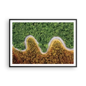 Plakat w czarnej ramie - Zakręcona droga przez las widziana z lotu ptaka - 100x70cm - Granice i przełomy - Nowoczesna dekoracja ścienna do salonu i sypialni ARTTOR