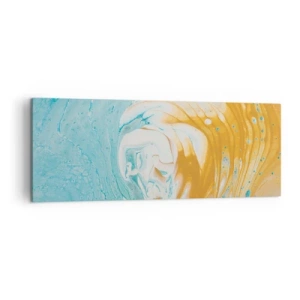 Obraz na płótnie - Abstrakcyjne fale w odcieniach niebieskiego i złotego na płótnie - 140x50cm - Pastelowy wir - Nowoczesna dekoracja ścienna do salonu i sypialni ARTTOR
