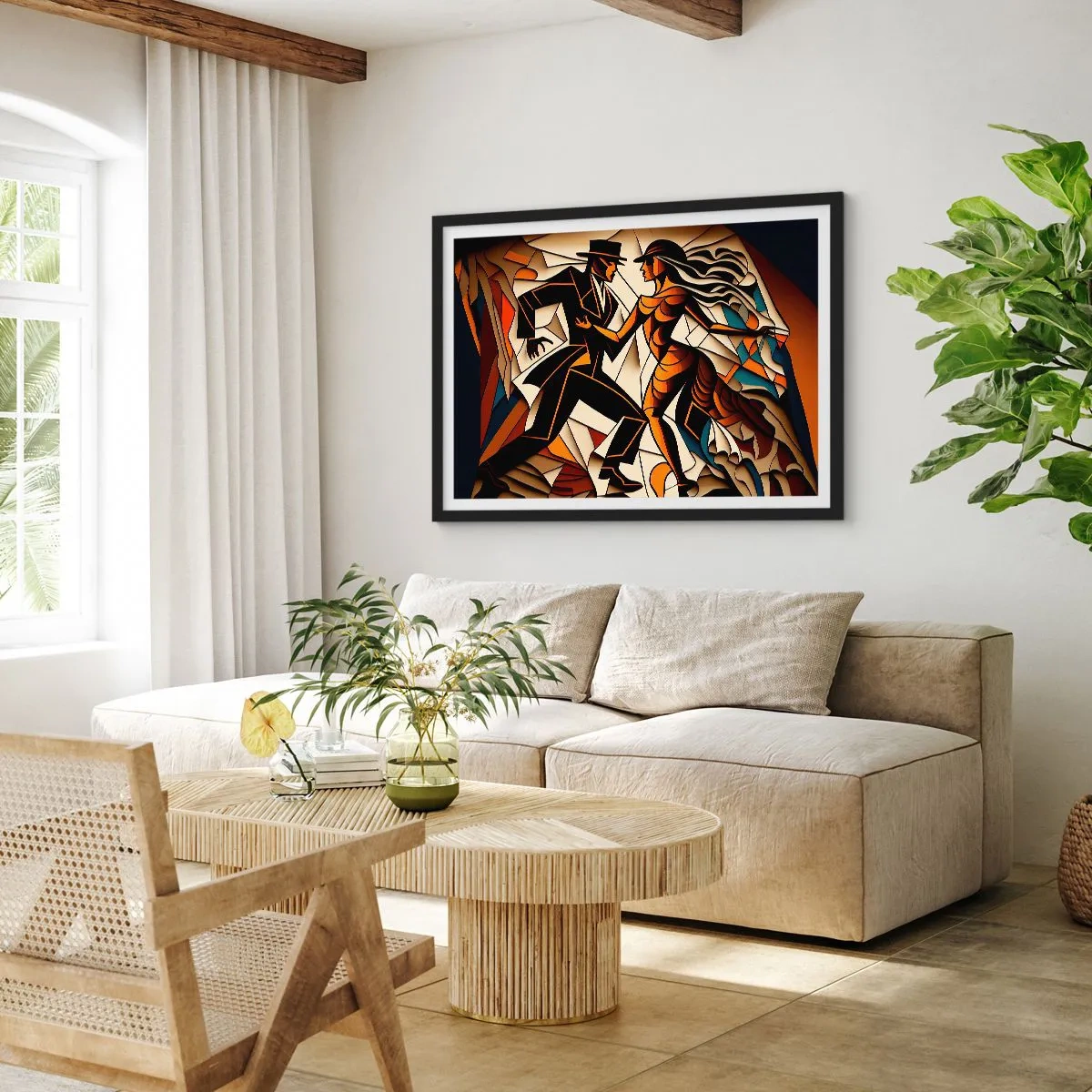 Plakat w czarnej ramie - Dynamiczna para tańcząca w abstrakcyjnej formie - 100x70cm - Taniec pasji i namiętności - Nowoczesna dekoracja ścienna do salonu i sypialni ARTTOR