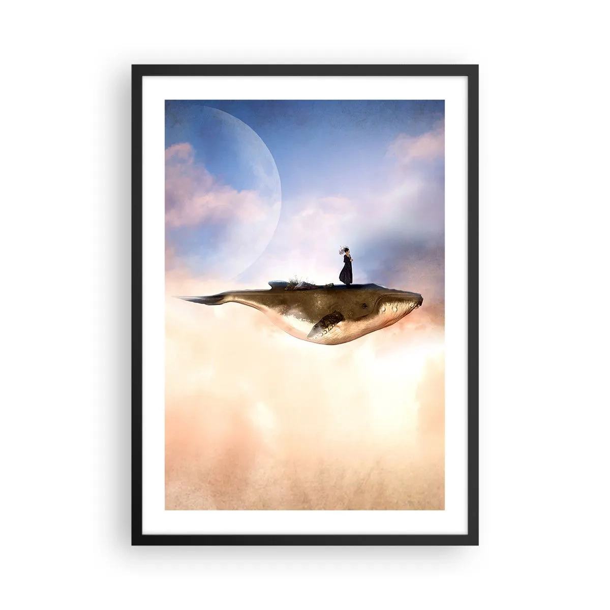 Plakat w czarnej ramie - Surrealistyczny obraz kobiety na wielorybie wśród chmur - 50x70cm - Nadrealna podróż - Nowoczesna dekoracja ścienna do salonu i sypialni ARTTOR