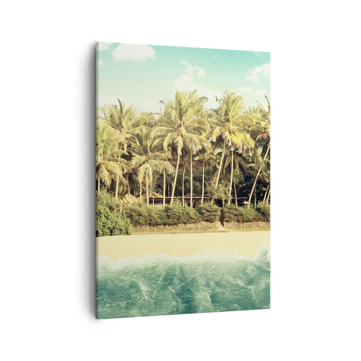 Obraz na płótnie - Tropikalna plaża z palmami i turkusowym morzem pod jasnym niebem - 50x70cm - A może tutaj? - Nowoczesna dekoracja ścienna do salonu, kuchni i sypialni ARTTOR
