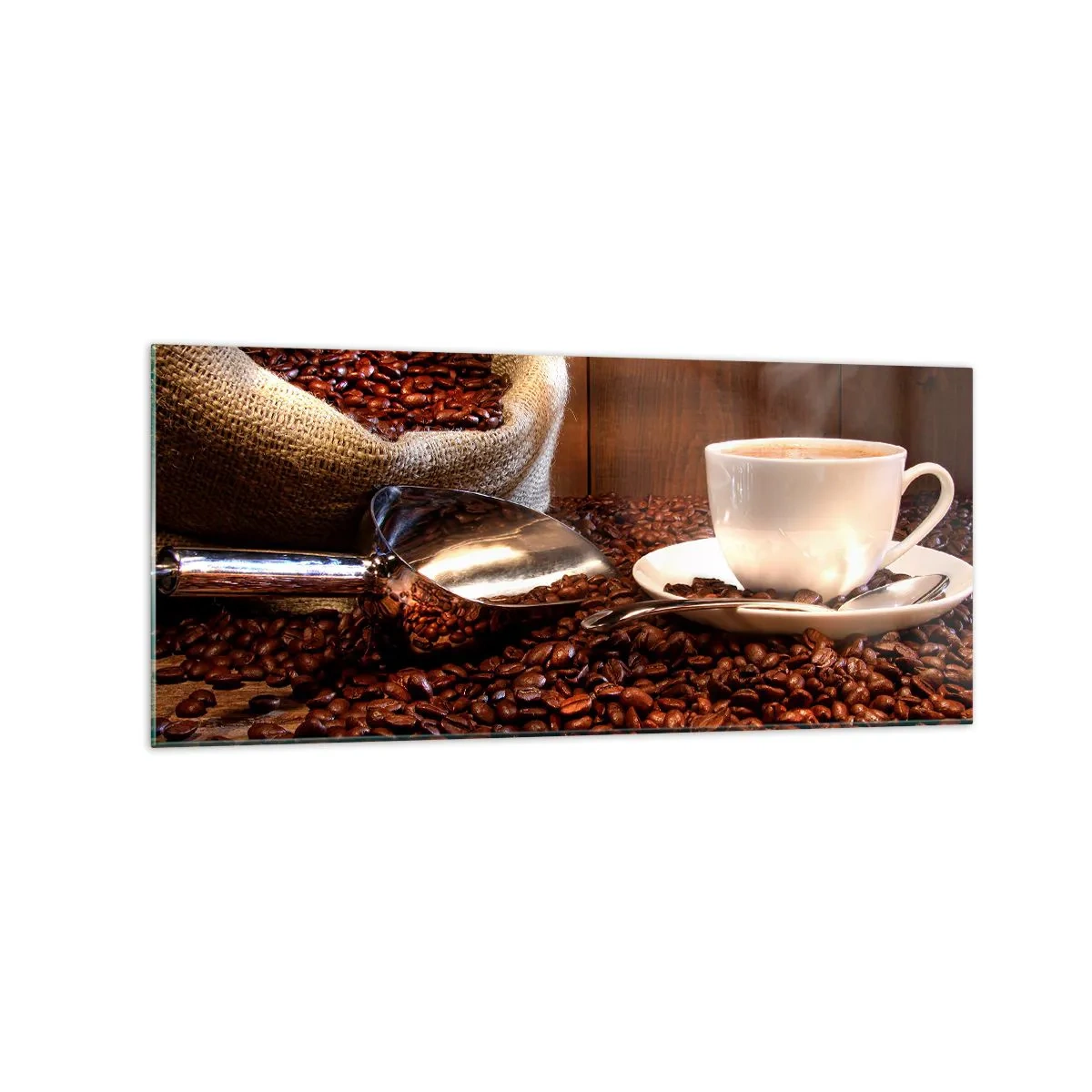 Obraz na szkle - Filiżanka kawy na tle ziaren kawowych i worka zbożowego - 120x50cm - Czujesz ten zapach? - Nowoczesna dekoracja ścienna do salonu i sypialni ARTTOR