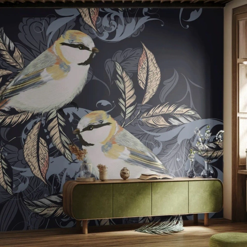 Fototapeta Standard Eco - Ilustracja ptaków na ciemnym tle z ornamentami - 100x70cm - Żółto-błękitny trel - Nowoczesna dekoracja ścienna do salonu i sypialni ARTTOR