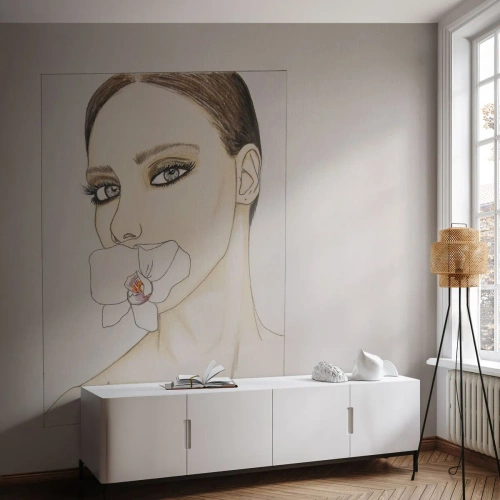 Fototapeta Standard Eco - Kobieta z orchideą w ustach na minimalistycznym szkicu - 100x70cm - Symbol elegancji i piękna - Nowoczesna dekoracja ścienna do salonu i sypialni ARTTOR