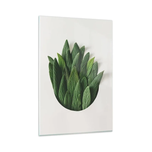 Obraz na szkle - Kompozycja zielonych liści na jasnym tle - 80x120cm - Nieposkromiona ciekawość - Nowoczesna dekoracja ścienna do salonu i sypialni ARTTOR