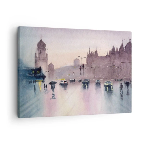 Obraz na płótnie - Miejska ulica o zmierzchu w akwarelowym stylu - 70x50cm - W deszczowej mgiełce - Nowoczesna dekoracja ścienna do salonu i sypialni ARTTOR