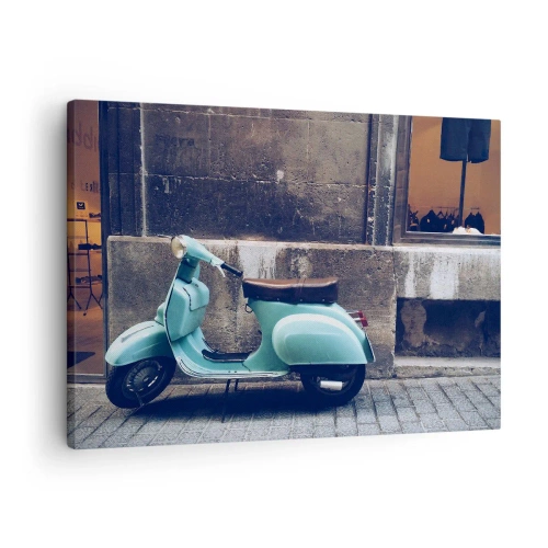 Obraz na płótnie - Retro skuter zaparkowany przy kamiennej ścianie - 70x50cm - Niezapomniane klimaty - Nowoczesna dekoracja ścienna do salonu i sypialni ARTTOR