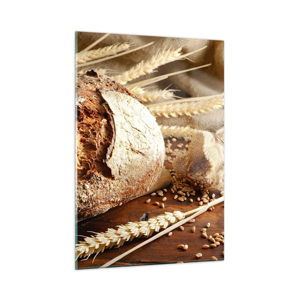 Obraz na szkle - Chleb na desce z kłosami pszenicy i workami na ziarna - 50x70cm - Apetyczny, wonny, chrupiący - Nowoczesna dekoracja ścienna do salonu, kuchni i sypialni ARTTOR