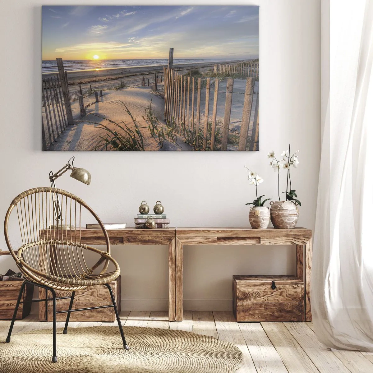 Obraz na płótnie - Plaża o zachodzie słońca z drewnianym ogrodzeniem - 70x50cm - Blask i cień wiatru - Nowoczesna dekoracja ścienna do salonu i sypialni ARTTOR