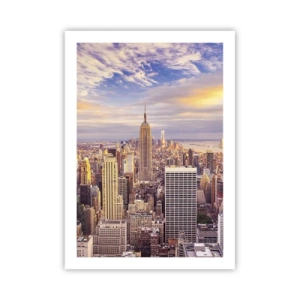 Plakat - Panorama Nowego Jorku z Empire State Building o zachodzie - 50x70cm - Sięgnąć samych chmur - Nowoczesna dekoracja ścienna do salonu, kuchni i sypialni ARTTOR