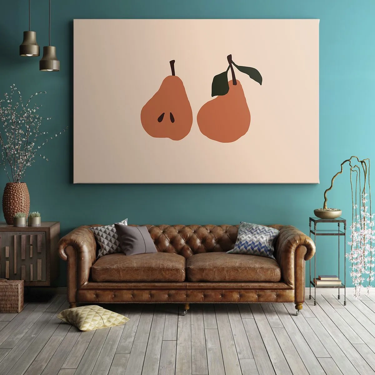 Obraz na płótnie - Minimalistyczna ilustracja dwóch gruszek na beżowym tle - 100x70cm - Sama słodycz - Nowoczesna dekoracja ścienna do salonu, kuchni i sypialni ARTTOR