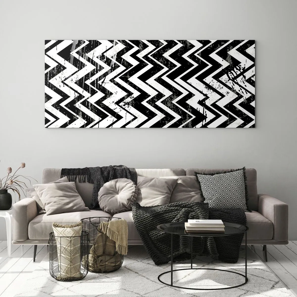 Obraz na szkle - Czarno-biały wzór w zygzaki z artystycznymi przetarciami - 120x50cm - Zyg-białe, zag-czarne - Nowoczesna dekoracja ścienna do salonu i sypialni ARTTOR