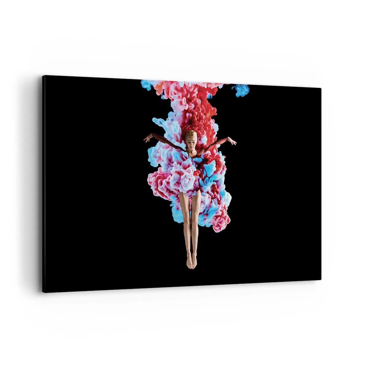 Obraz na płótnie - Tancerka otoczona kolorowym dymem na czarnym tle - 120x80cm - W pełnym rozkwicie - Nowoczesna dekoracja ścienna do salonu, kuchni i sypialni ARTTOR