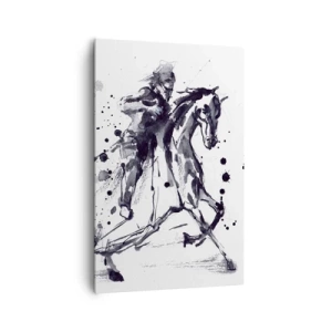 Obraz na płótnie - Czarno-biała akwarela jeźdźca na galopującym koniu - 80x120cm - Czarny rycerz - Nowoczesna dekoracja ścienna do salonu i sypialni ARTTOR