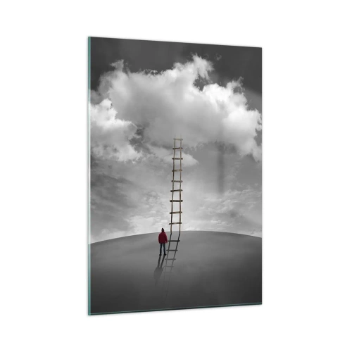 Obraz na szkle - Osoba patrzy na drabinę prowadzącą do chmury - 50x70cm - Wszystko możliwe - Nowoczesna dekoracja ścienna do salonu, kuchni i sypialni ARTTOR