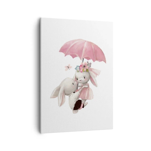 Obraz na płótnie - Dwa urocze króliczki pod różowym parasolem na białym tle - 50x70cm - To właśnie miłość - Nowoczesna dekoracja ścienna do salonu, kuchni i sypialni ARTTOR
