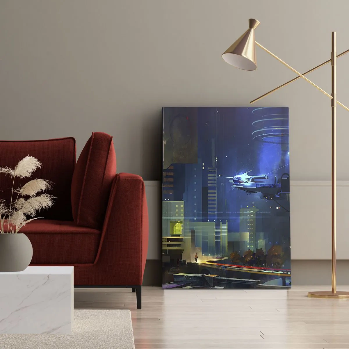 Obraz na płótnie - Futurystyczne miasto nocą z neonami i latającym pojazdem - 80x120cm - W niedalekiej przyszłości - Nowoczesna dekoracja ścienna do salonu i sypialni ARTTOR