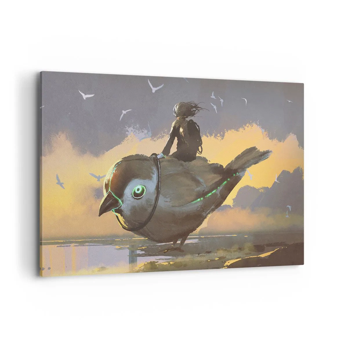 Obraz na płótnie - Jeździec na gigantycznym ptaku w surrealistycznym krajobrazie - 120x80cm - Przystanek w fantastycznej podróźy - Nowoczesna dekoracja ścienna do salonu, kuchni i sypialni ARTTOR