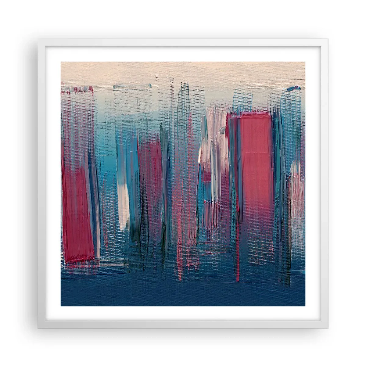 Plakat w białej ramie - Kompozycja wertykalna w błękicie i czerwieni - 60x60 cm