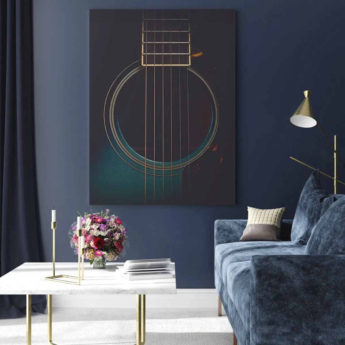 Obraz na szkle - Akustyczna gitara w ciemnym, eleganckim świetle - 80x120cm - Chwila zanim zabrzmi - Nowoczesna dekoracja ścienna do salonu i sypialni ARTTOR