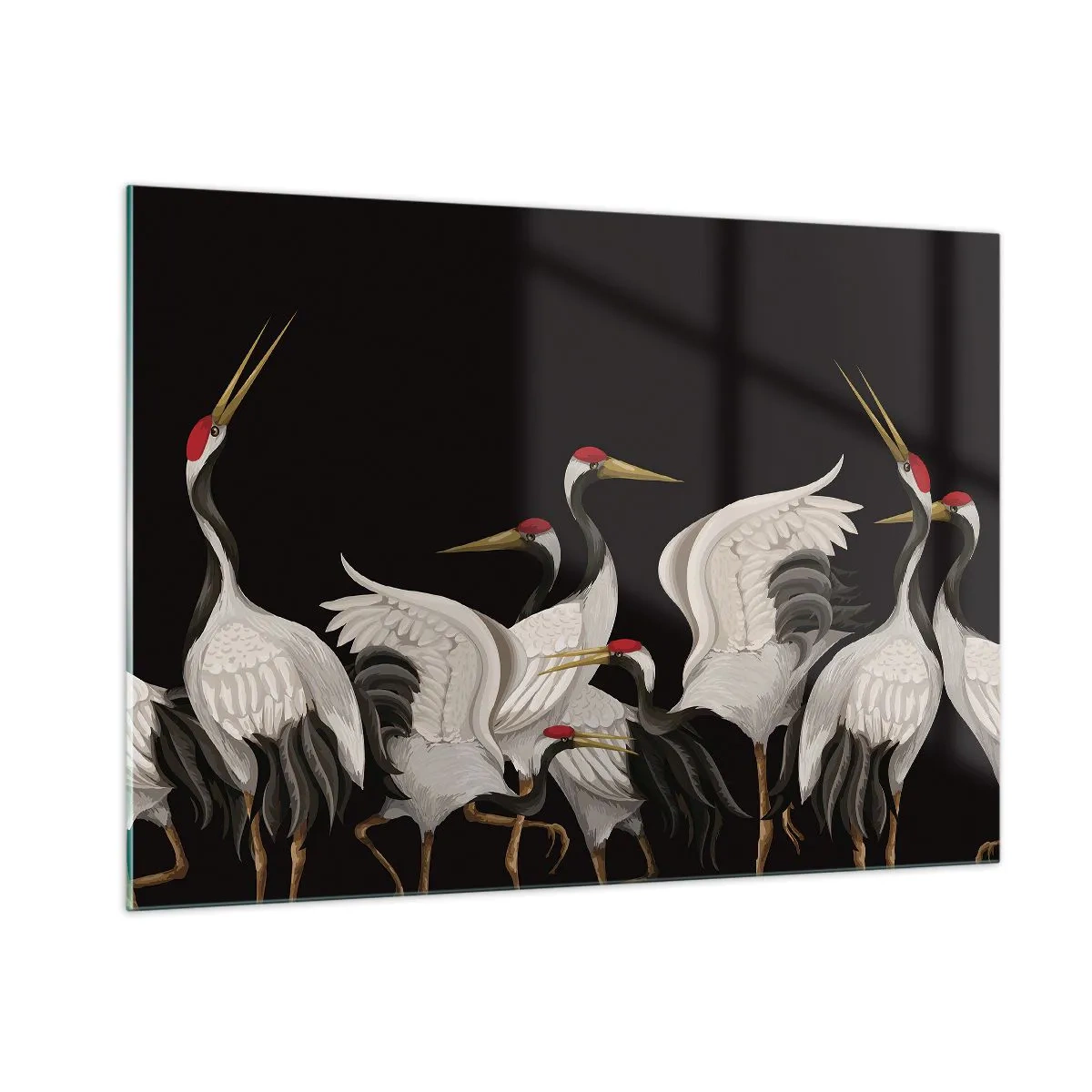 Obraz na szkle - Białe żurawie z czerwonymi głowami na czarnym tle - 100x70cm - Ptasie sprawy - Nowoczesna dekoracja ścienna do salonu, kuchni i sypialni ARTTOR