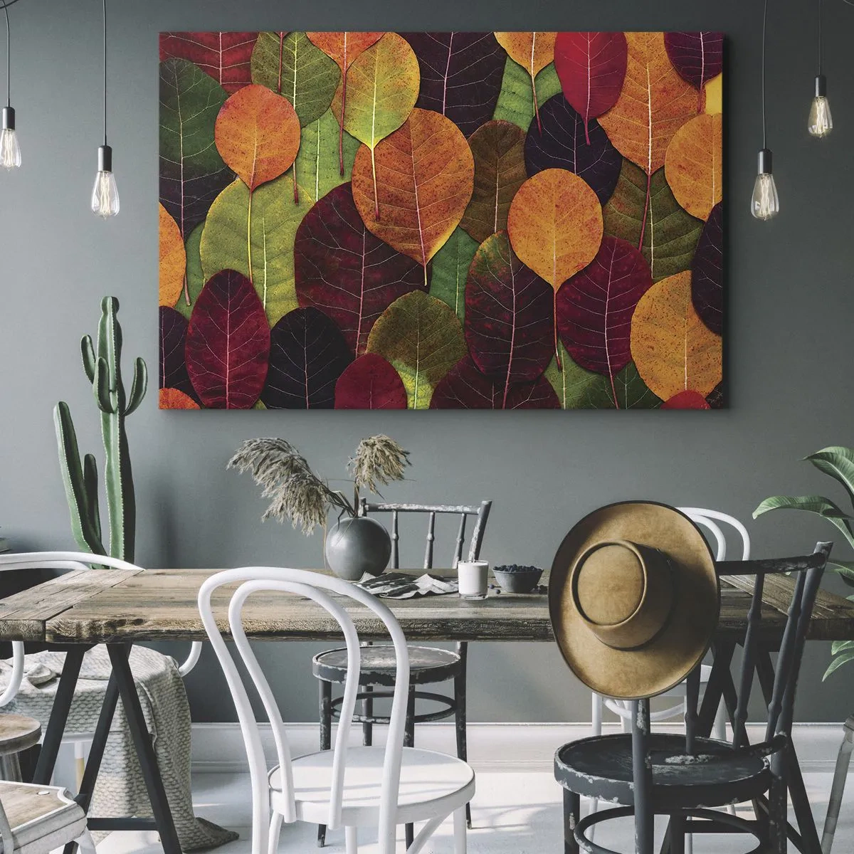 Obraz na płótnie - Kolorowe liście ułożone w jesienny wzór - 70x50cm - Jesienna mozaika - Nowoczesna dekoracja ścienna do salonu i sypialni ARTTOR
