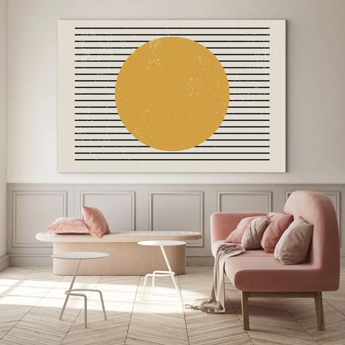 Obraz na szkle - Pomarańczowe koło na tle poziomych czarnych linii na beżowym tle - 70x50cm - Siła prostoty - Nowoczesna dekoracja ścienna do salonu i sypialni ARTTOR